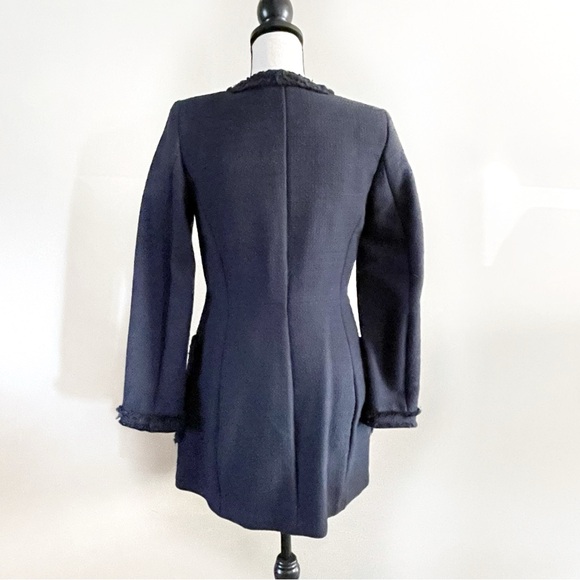 NWT H&M Navy Tweed Coat Jacket Size XS – Long Fringe Trim Zip Front Blazer - Picture 2 of 10